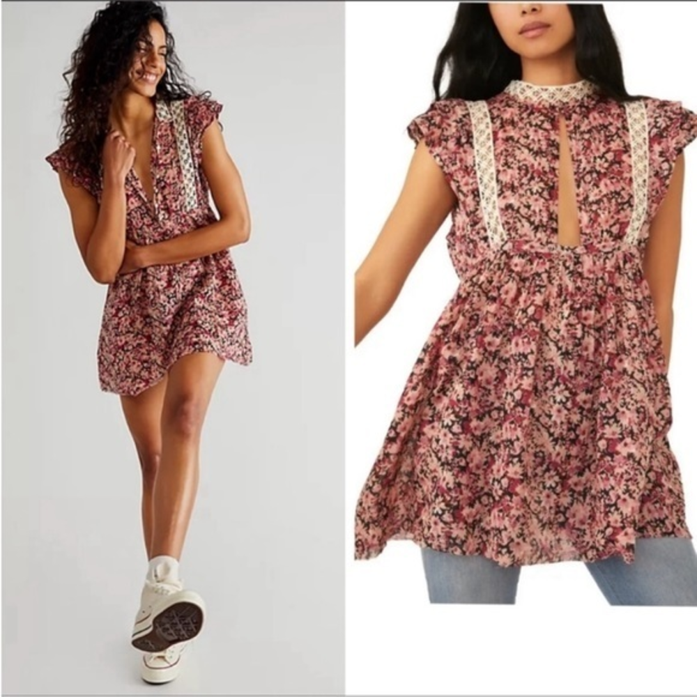 Free People One Tunic Eva Floral crochet babydoll tunic dress cherry pink size M